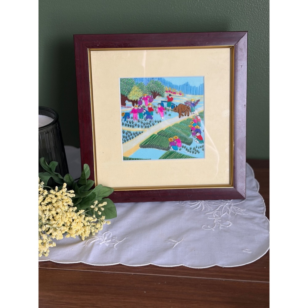 Vintage Asian Folk Art Silk Embroidery, Framed Rice Paddy‎ Farm Scene